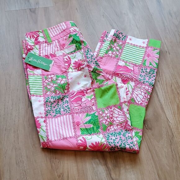 🔹️NWT Lilly Pulitzer Pink  Green "Tobie" Patchwork Capri Pants Size 8 - Picture 1 of 8